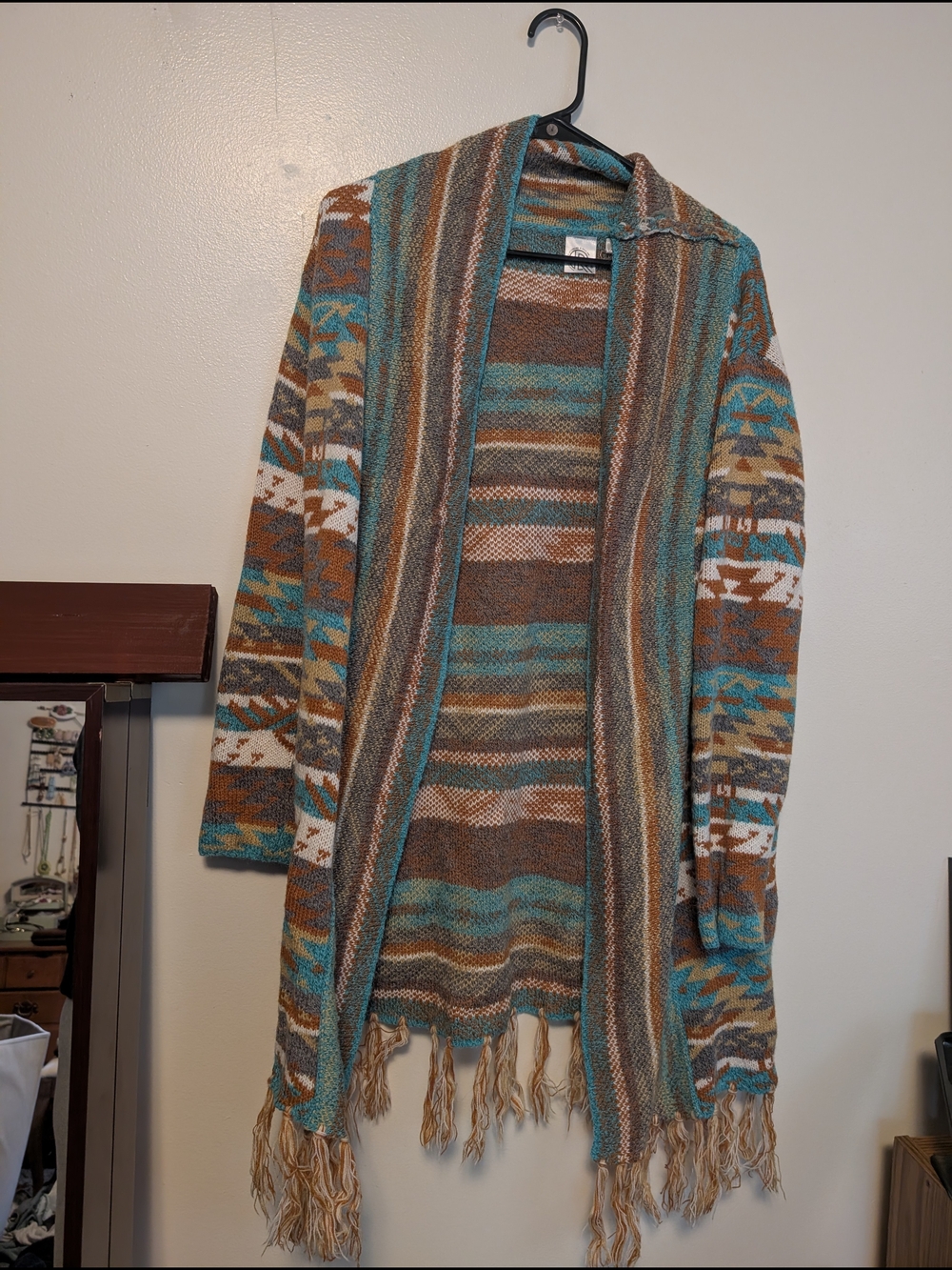 Boho Fringe Open Cardigan - Teal & Brown Stripes